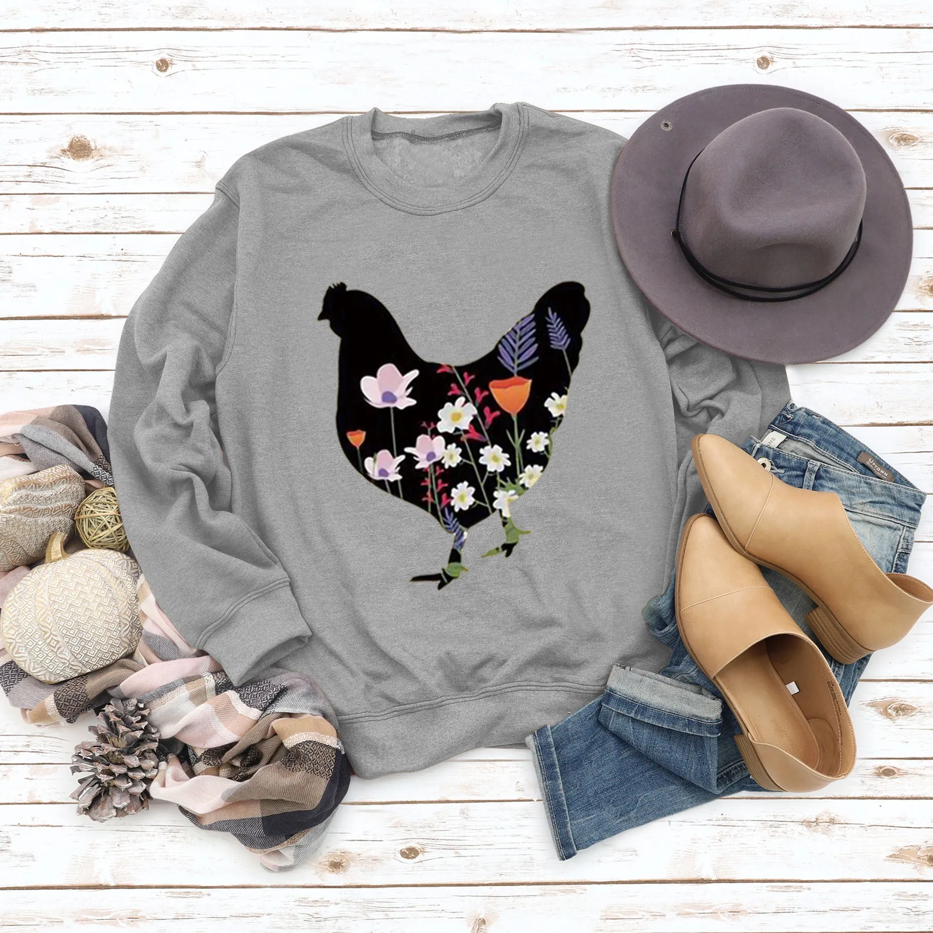 Rooster Printed Loose Round Neck Casual Long Sleeve Oversize Sweater