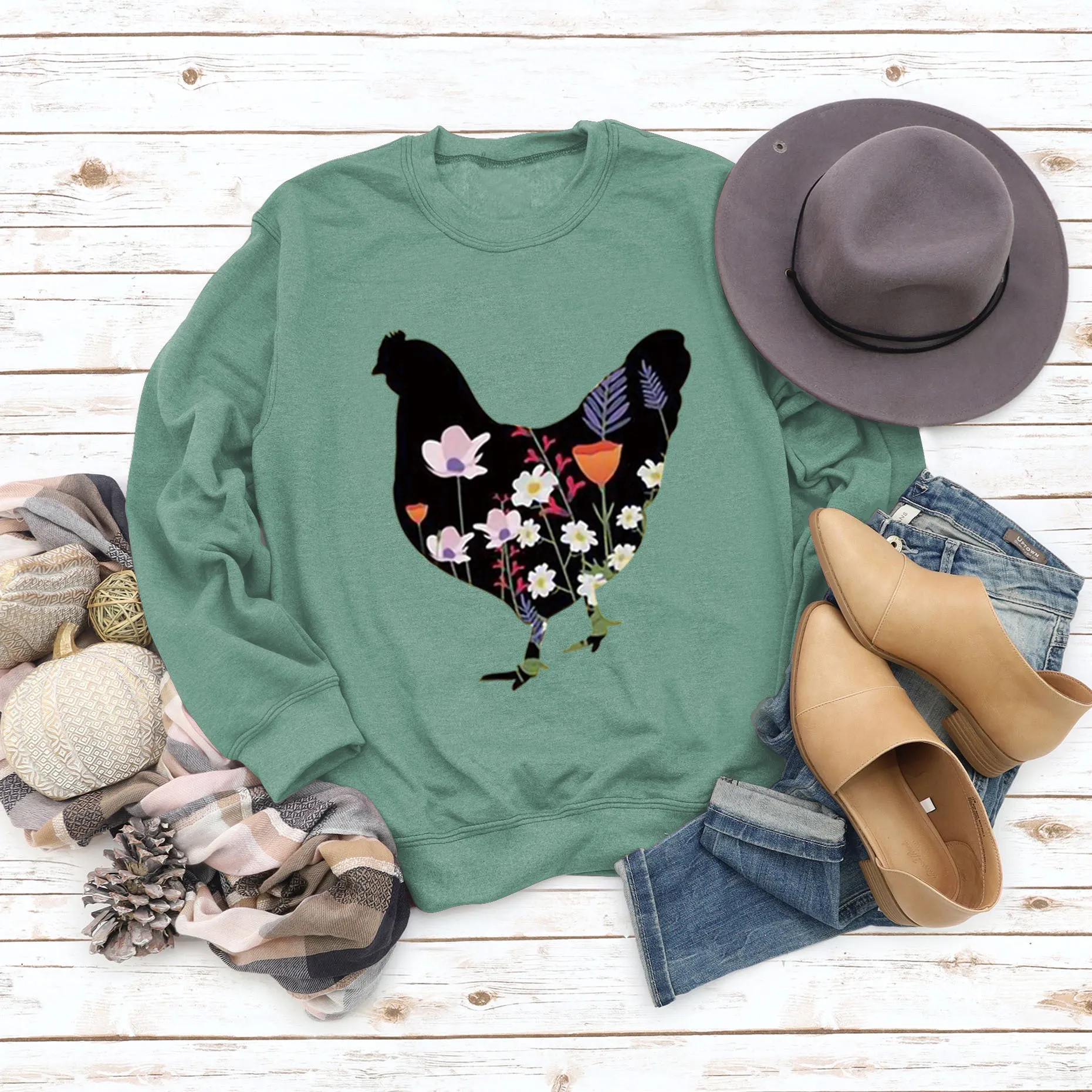 Rooster Printed Loose Round Neck Casual Long Sleeve Oversize Sweater