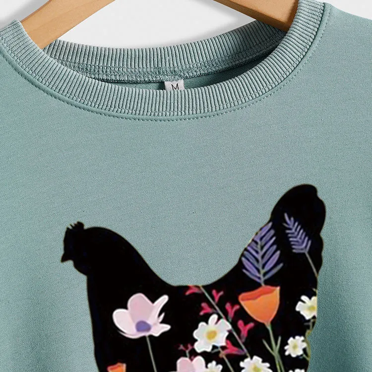 Rooster Printed Loose Round Neck Casual Long Sleeve Oversize Sweater