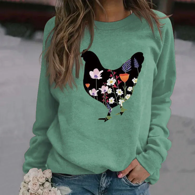 Rooster Printed Loose Round Neck Casual Long Sleeve Oversize Sweater