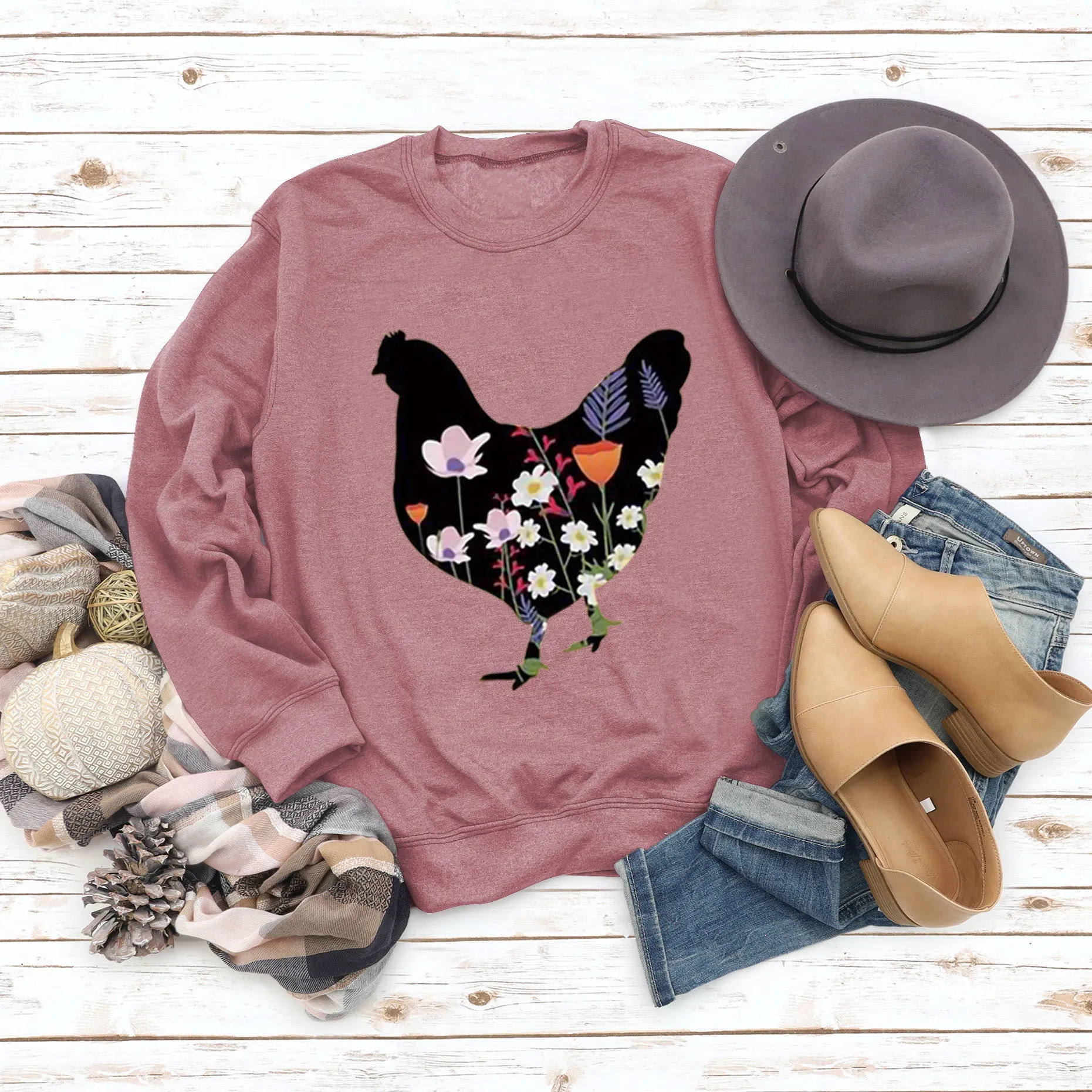 Rooster Printed Loose Round Neck Casual Long Sleeve Oversize Sweater