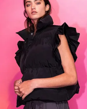 Ruffle Sleeve Down Cropped Vest - Black
