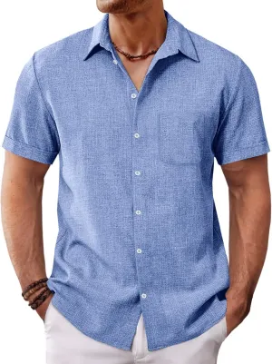Runcati Mens Button Down Linen Shirt Short Sleeve Casual Summer Beach Wedding Tops
