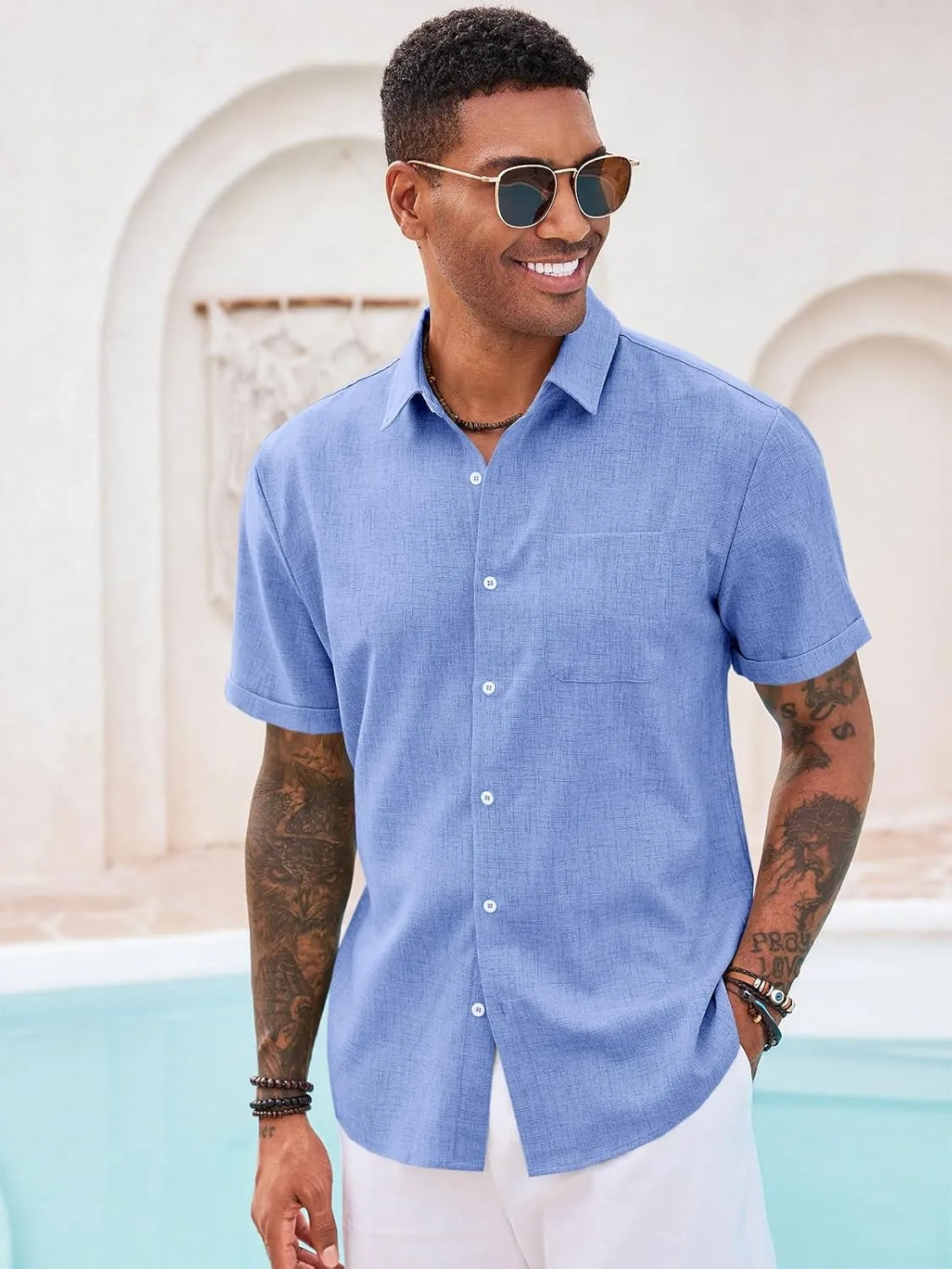 Runcati Mens Button Down Linen Shirt Short Sleeve Casual Summer Beach Wedding Tops