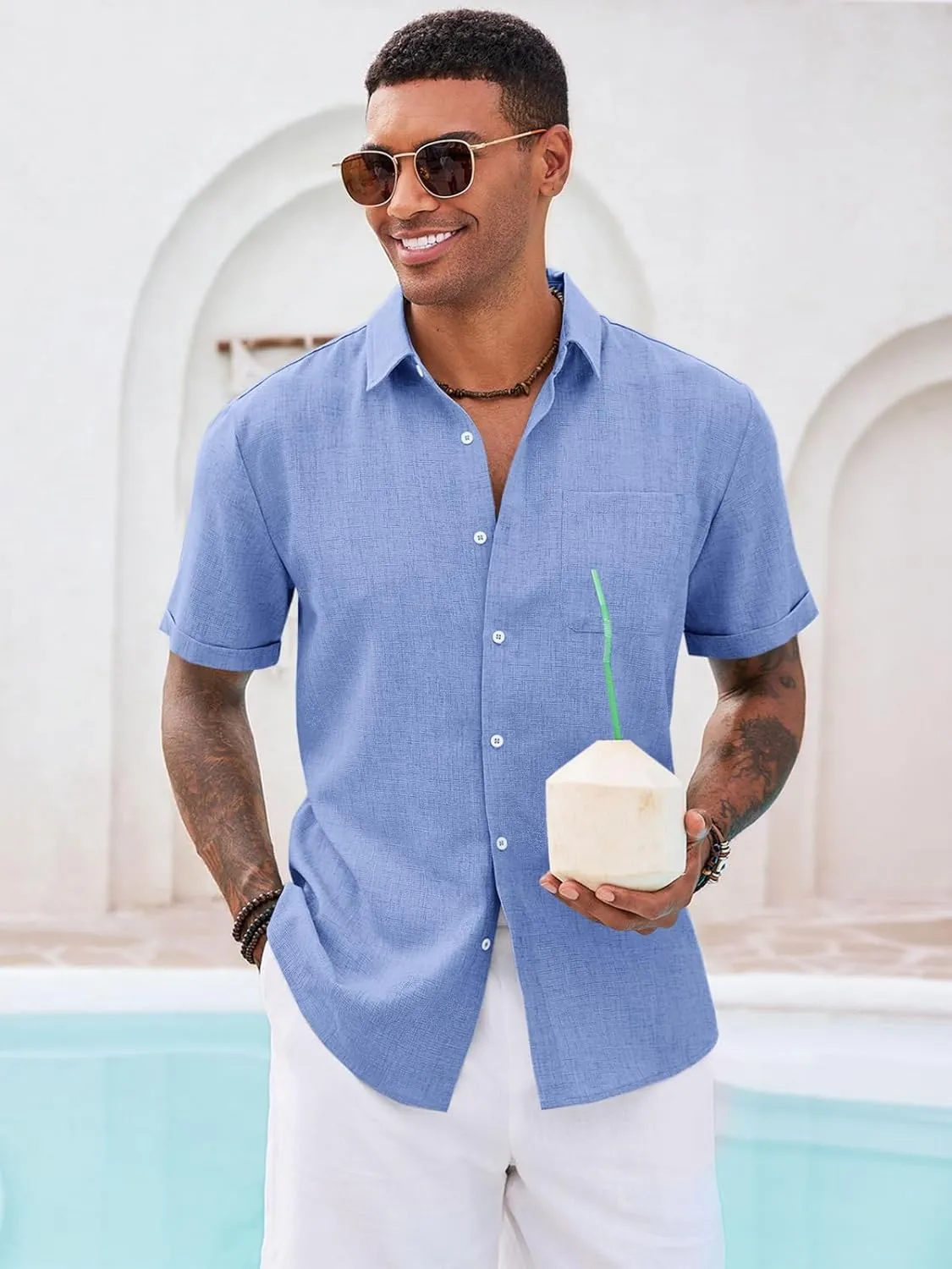 Runcati Mens Button Down Linen Shirt Short Sleeve Casual Summer Beach Wedding Tops