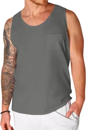 Runcati Men's Sleeveless Tank Tops Crewneck Workout Gym Cotton Muscle Pocket T Shirt