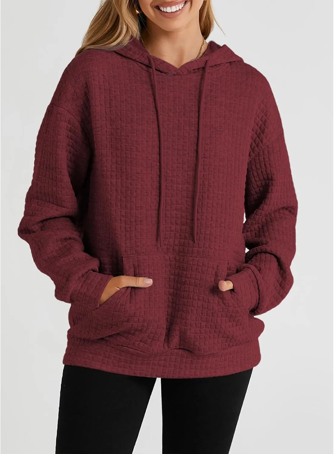 SELINK Hoodies For Women Casual Pullover Waffle Long Sleeve Drawstring Hooded Sweatshirt with Pocket