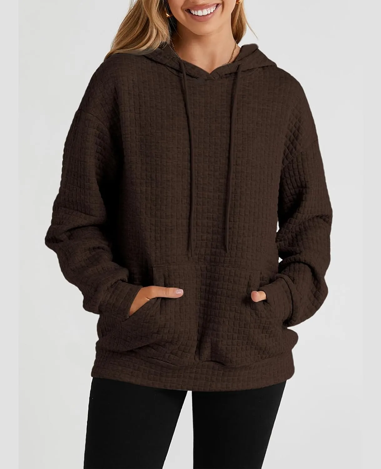 SELINK Hoodies For Women Casual Pullover Waffle Long Sleeve Drawstring Hooded Sweatshirt with Pocket