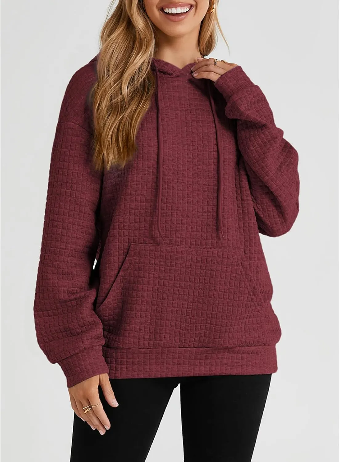 SELINK Hoodies For Women Casual Pullover Waffle Long Sleeve Drawstring Hooded Sweatshirt with Pocket