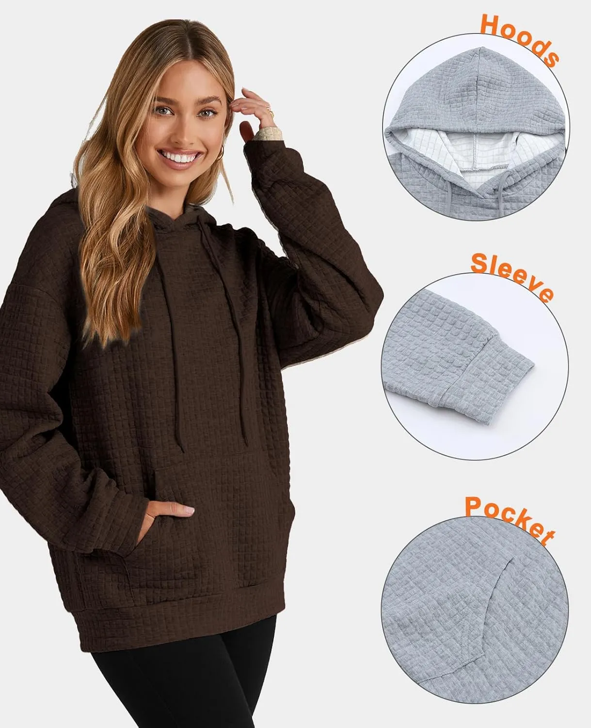 SELINK Hoodies For Women Casual Pullover Waffle Long Sleeve Drawstring Hooded Sweatshirt with Pocket