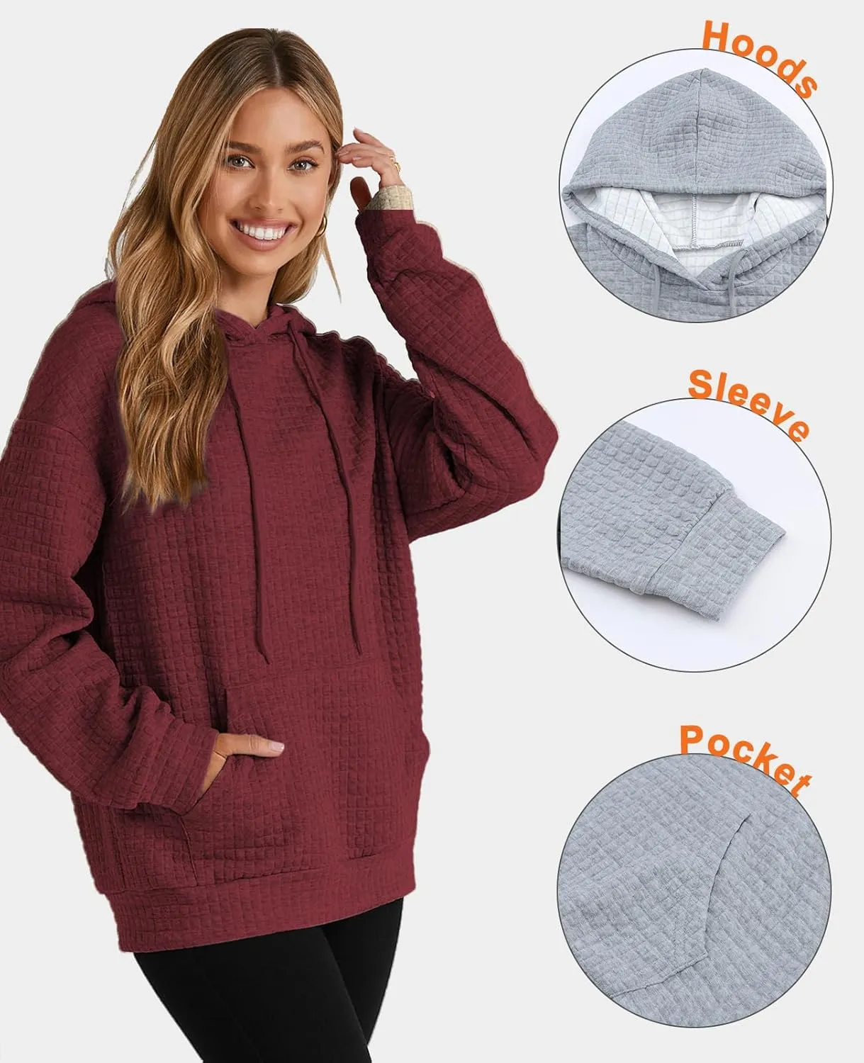 SELINK Hoodies For Women Casual Pullover Waffle Long Sleeve Drawstring Hooded Sweatshirt with Pocket