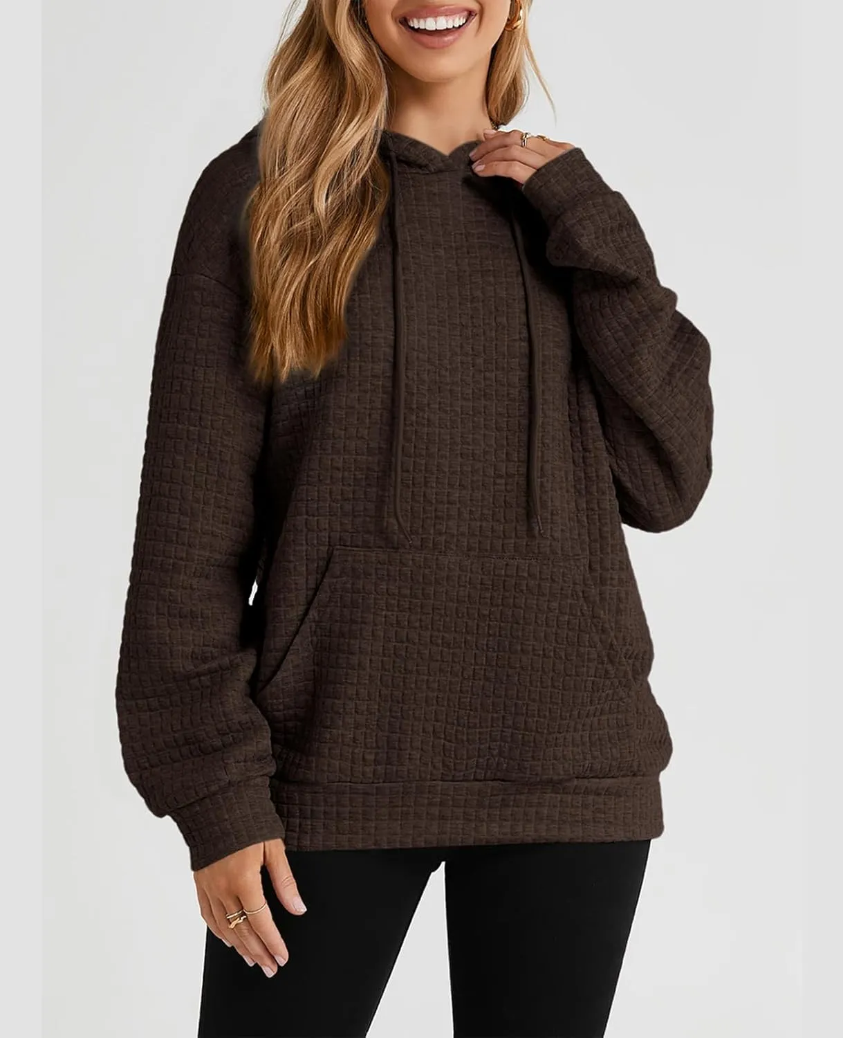 SELINK Hoodies For Women Casual Pullover Waffle Long Sleeve Drawstring Hooded Sweatshirt with Pocket