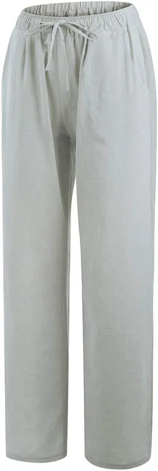 SMIDOW Summer Pants for Women 2023 Cotton Linen Elastic Waist Drawstring Wide Leg Ankle Length Lounge Pant with Pockets