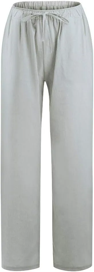 SMIDOW Summer Pants for Women 2023 Cotton Linen Elastic Waist Drawstring Wide Leg Ankle Length Lounge Pant with Pockets