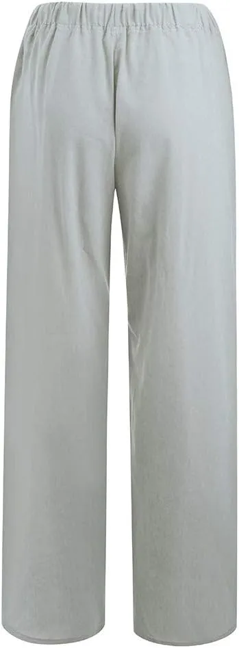 SMIDOW Summer Pants for Women 2023 Cotton Linen Elastic Waist Drawstring Wide Leg Ankle Length Lounge Pant with Pockets