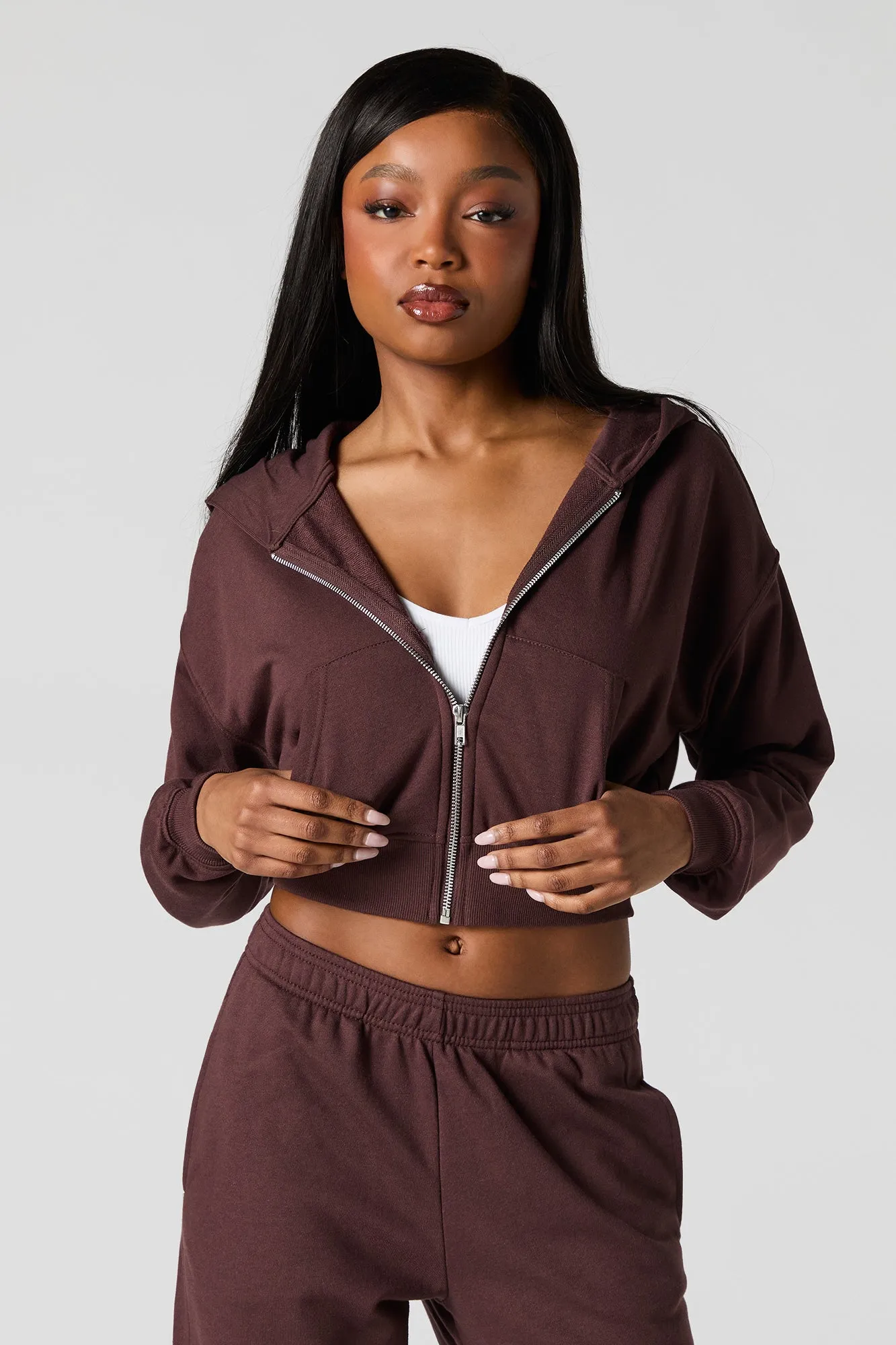 Solid Fleece Zip-Up Cropped Hoodie
