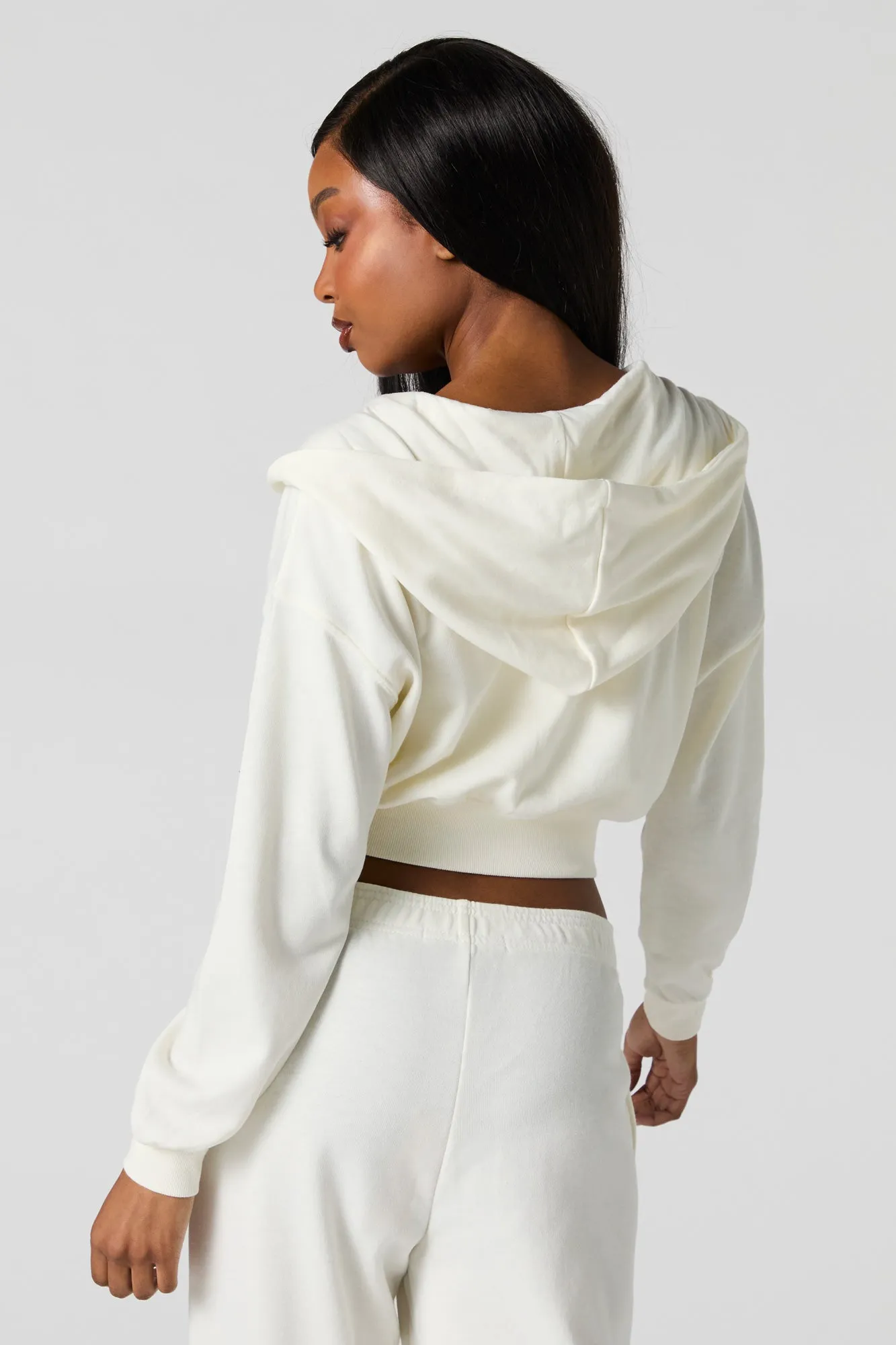 Solid Fleece Zip-Up Cropped Hoodie