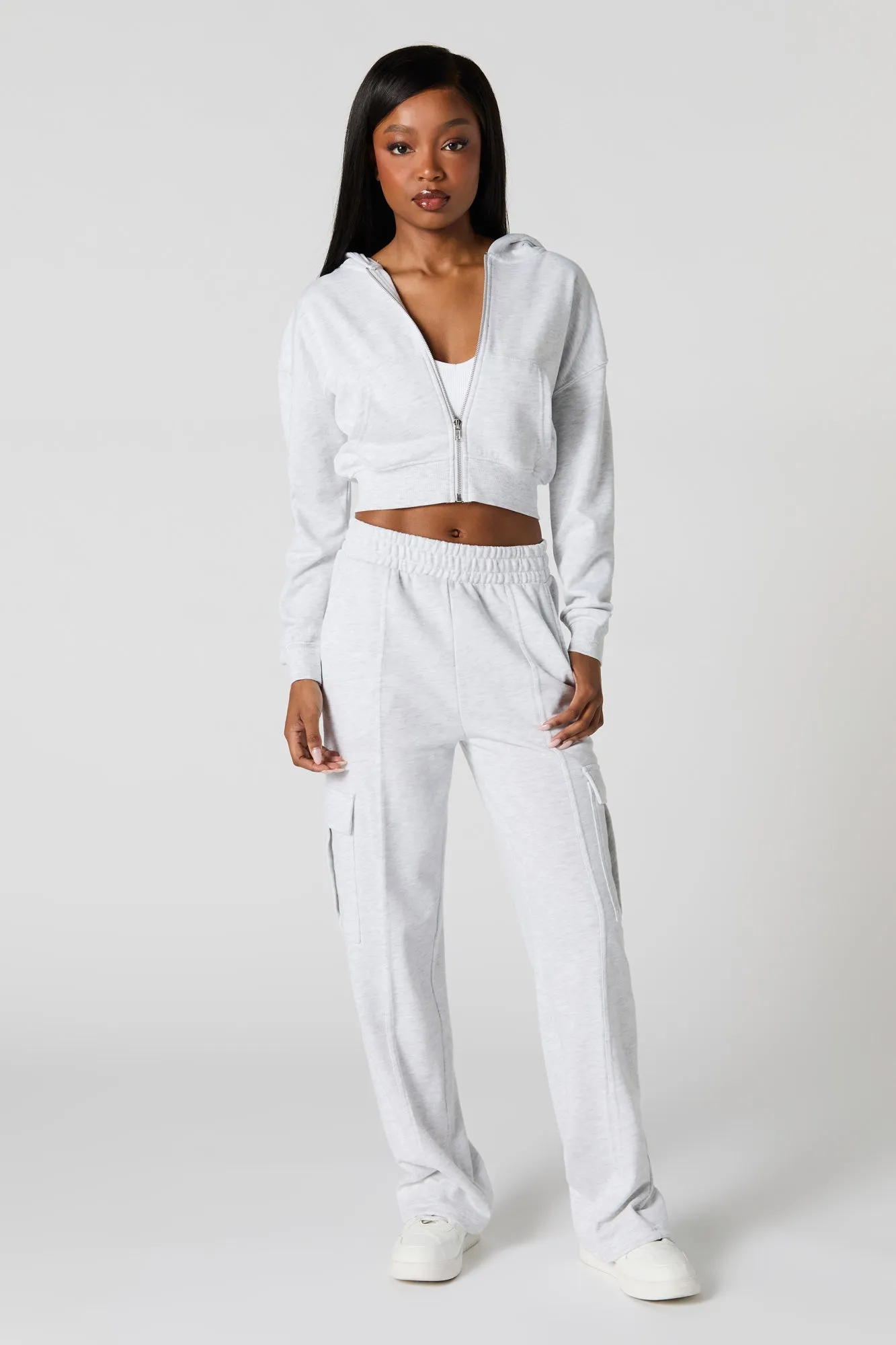 Solid Fleece Zip-Up Cropped Hoodie