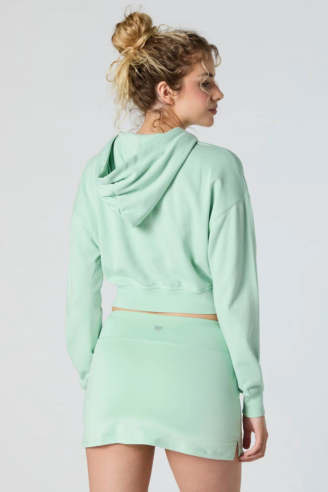 Solid Fleece Zip-Up Cropped Hoodie