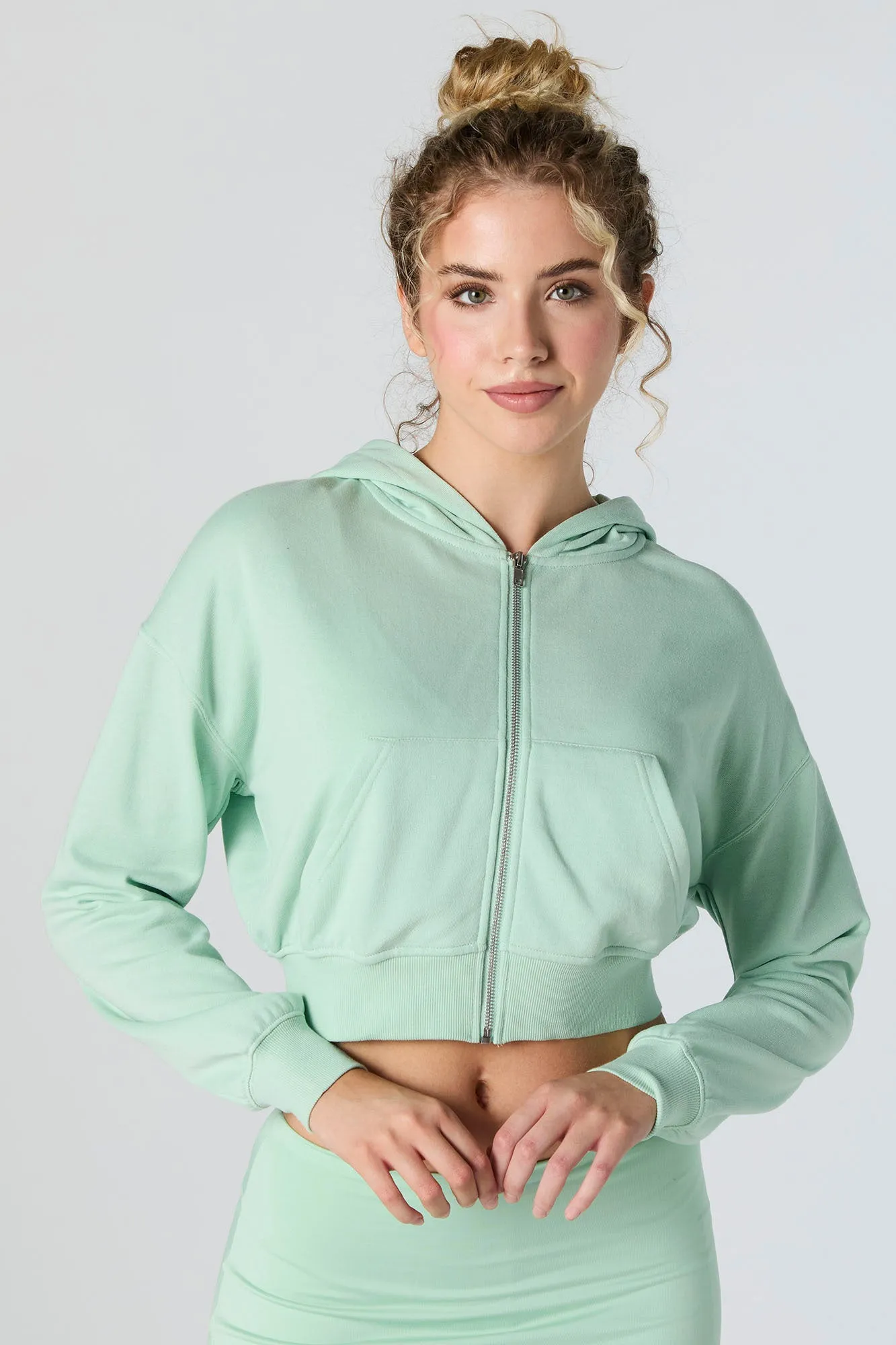 Solid Fleece Zip-Up Cropped Hoodie