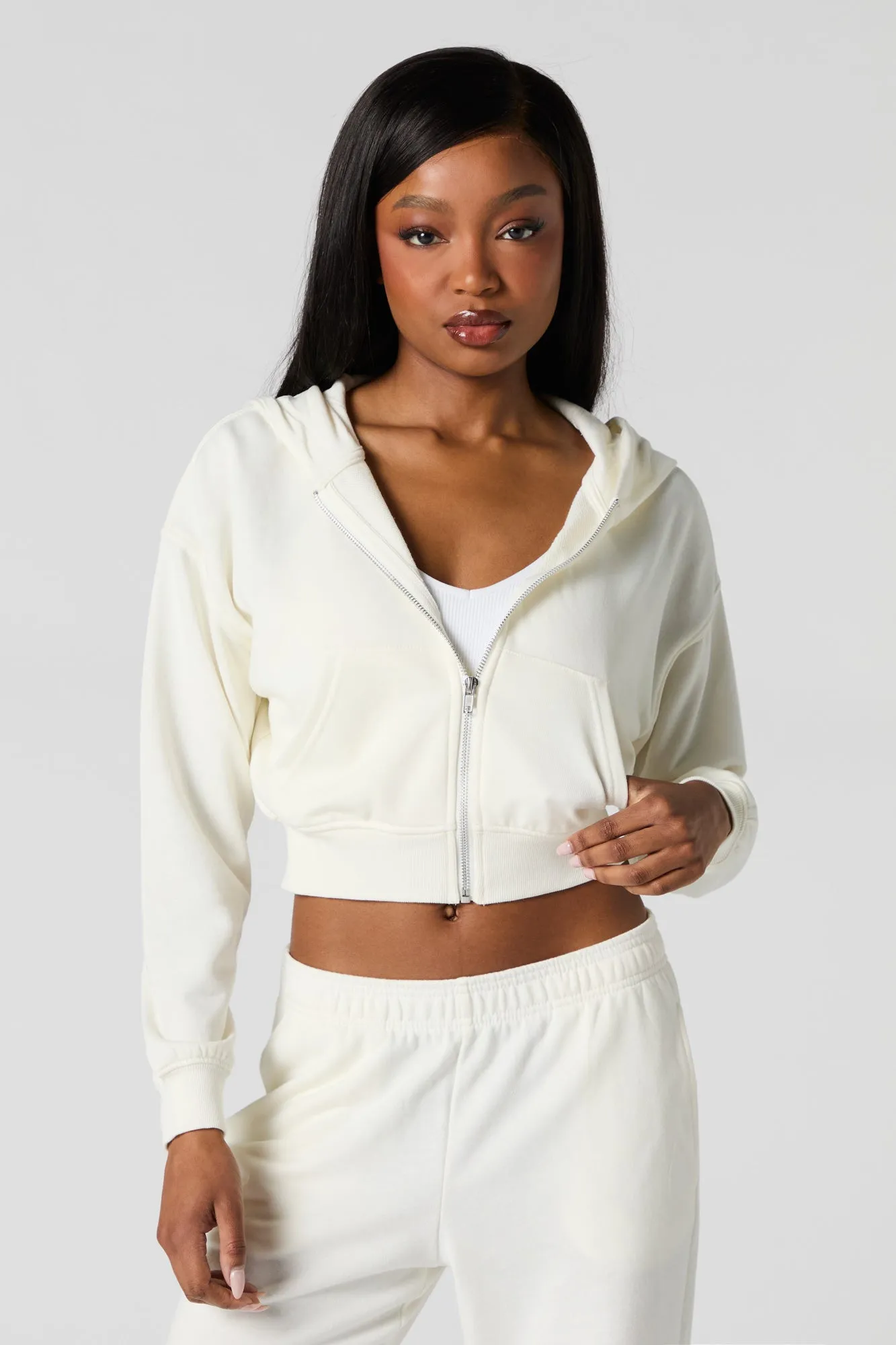 Solid Fleece Zip-Up Cropped Hoodie