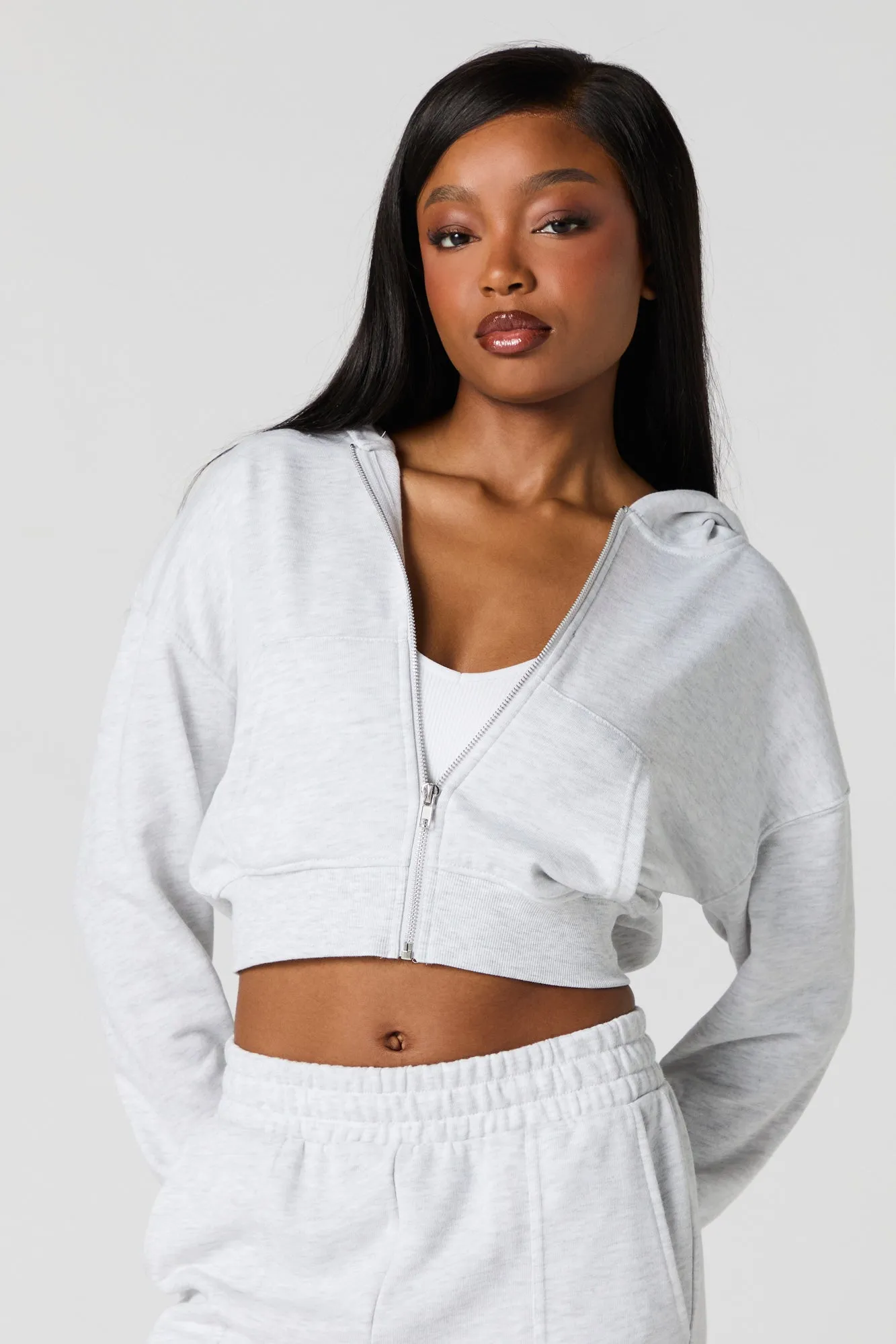 Solid Fleece Zip-Up Cropped Hoodie
