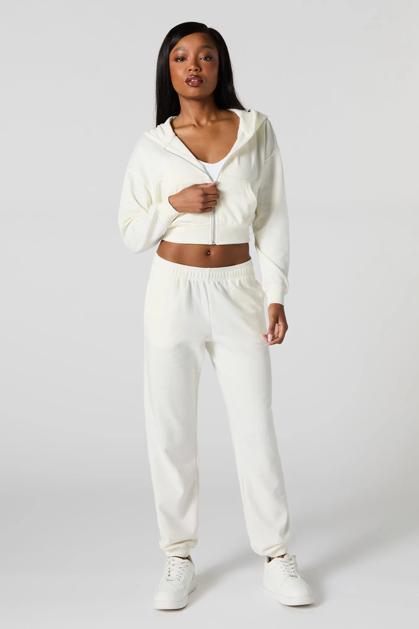 Solid Fleece Zip-Up Cropped Hoodie