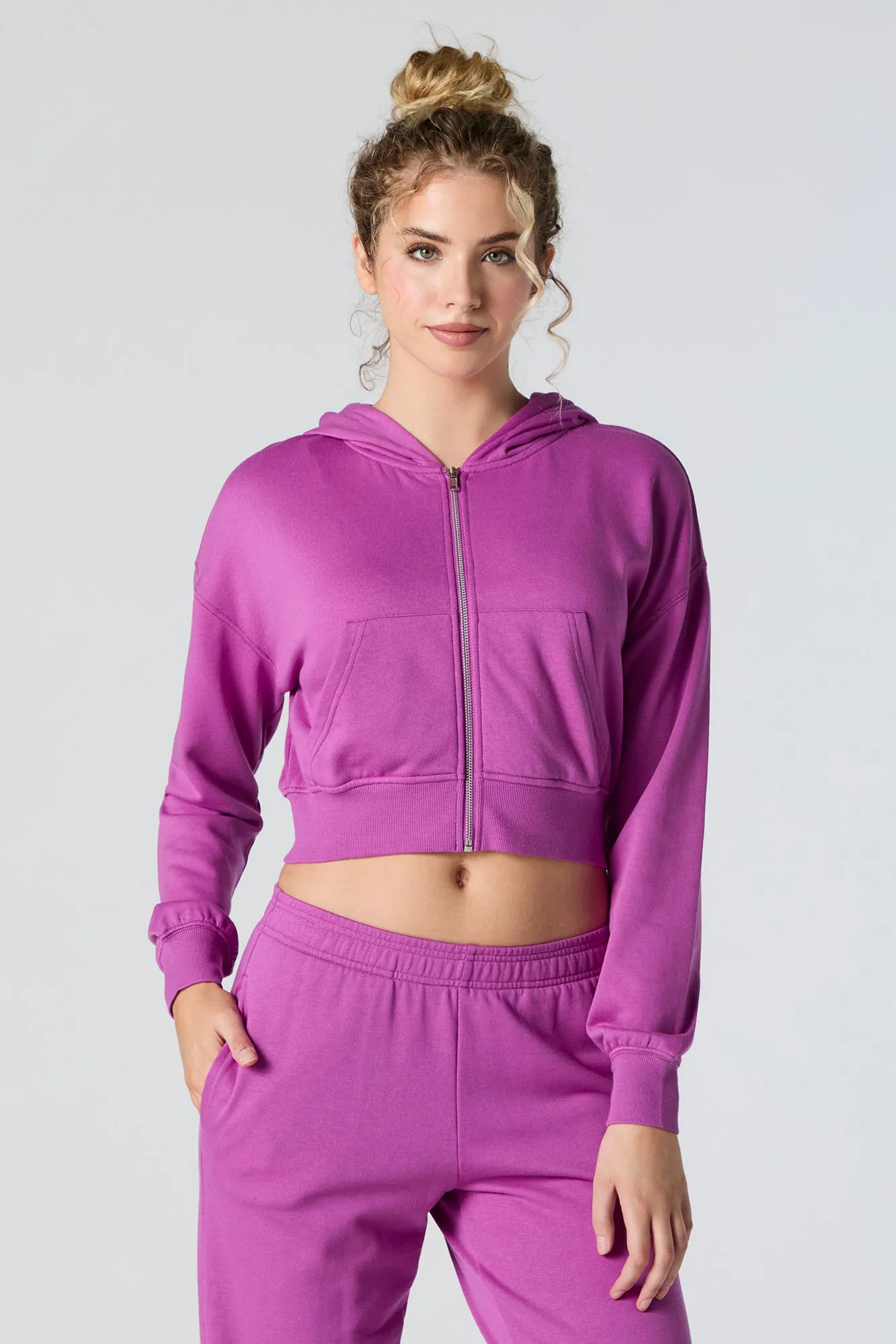 Solid Fleece Zip-Up Cropped Hoodie