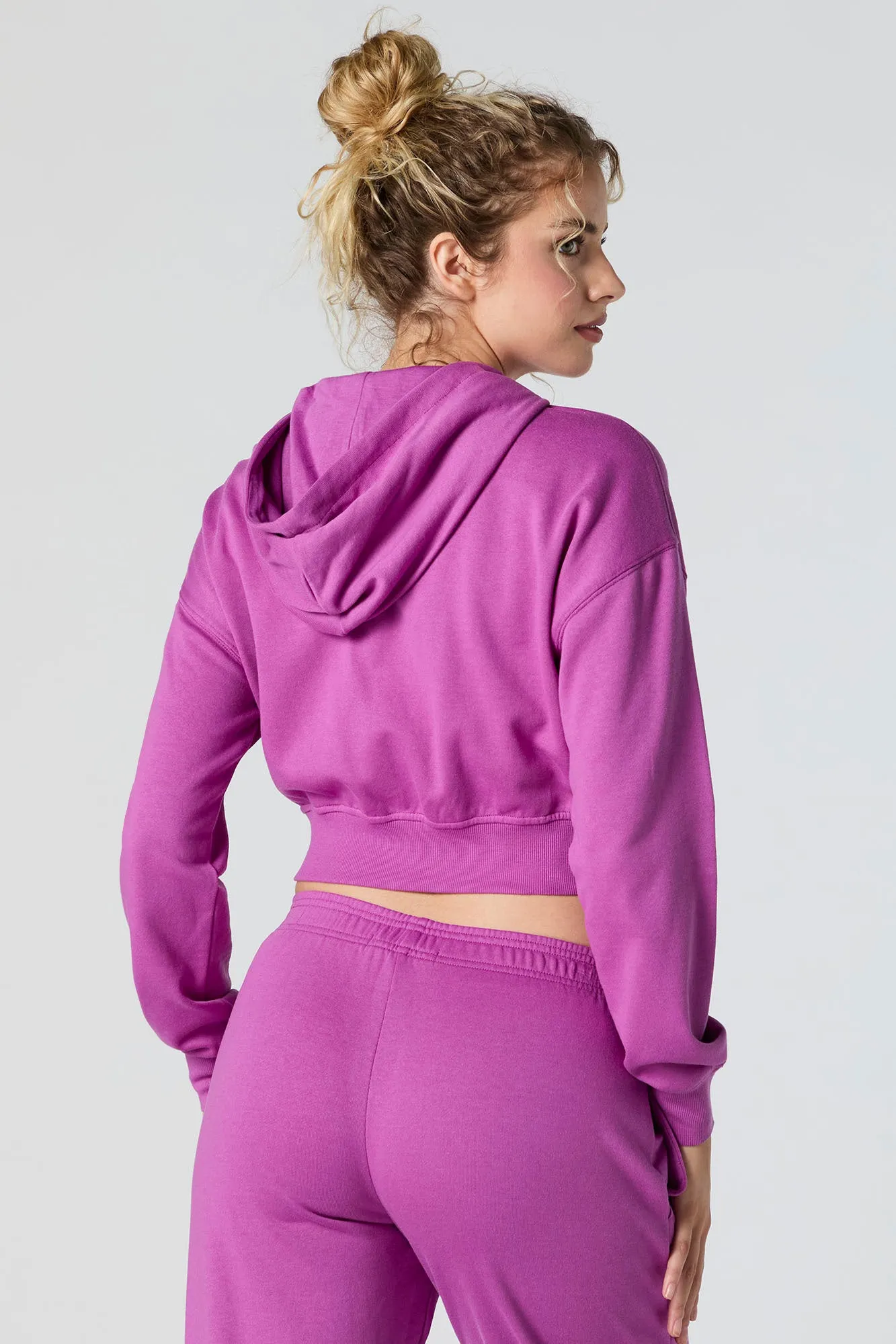 Solid Fleece Zip-Up Cropped Hoodie