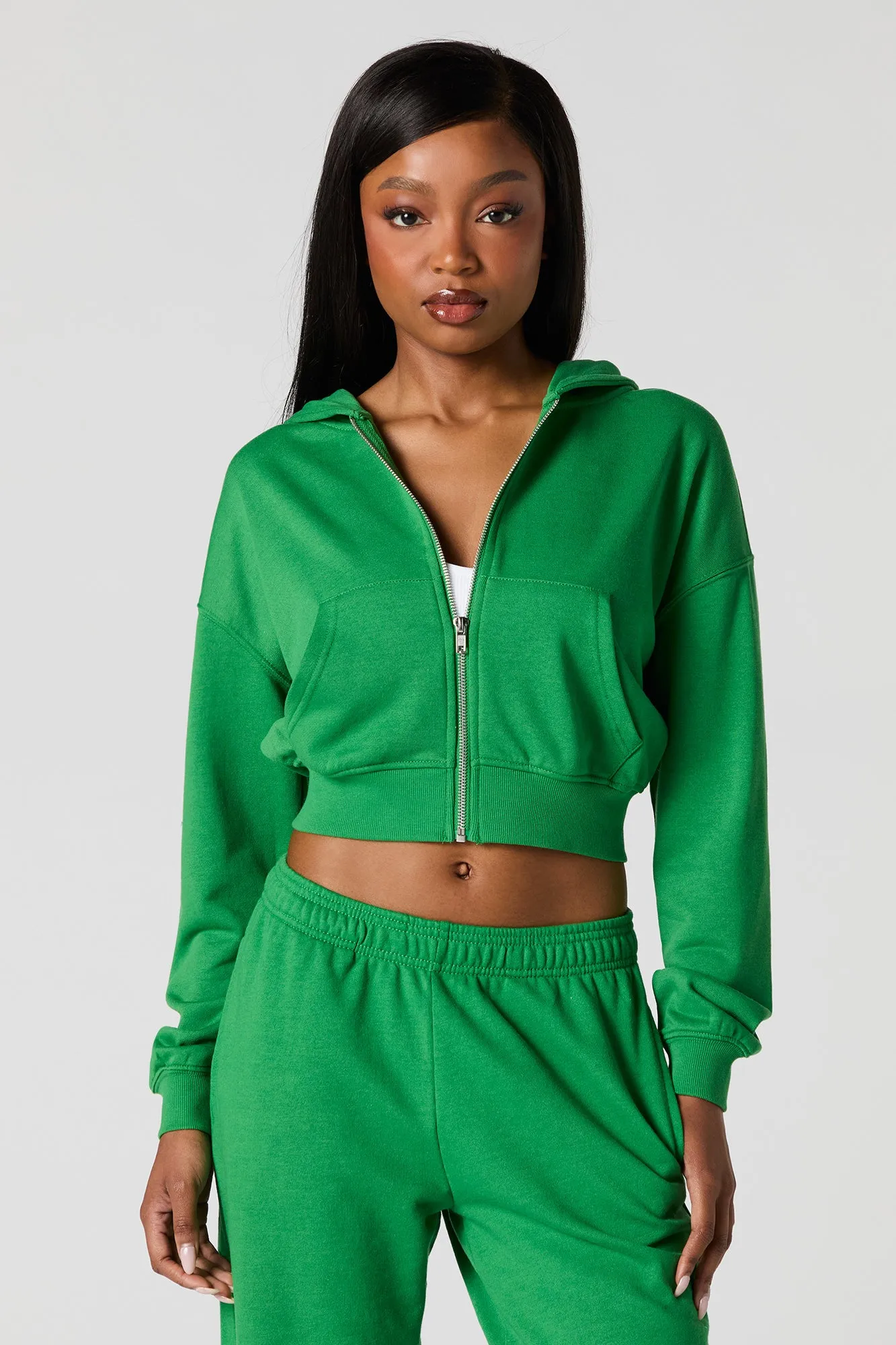 Solid Fleece Zip-Up Cropped Hoodie
