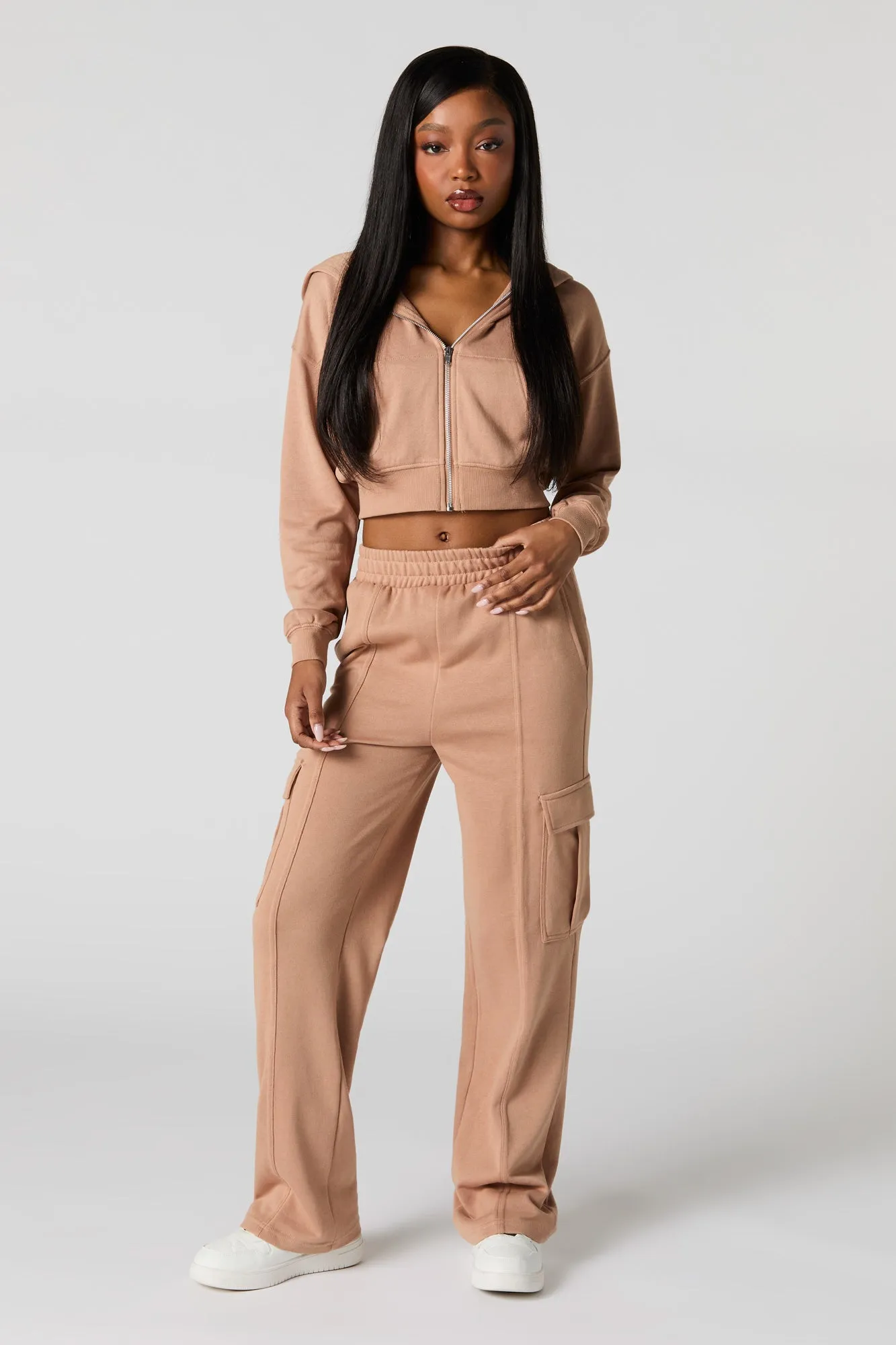 Solid Fleece Zip-Up Cropped Hoodie