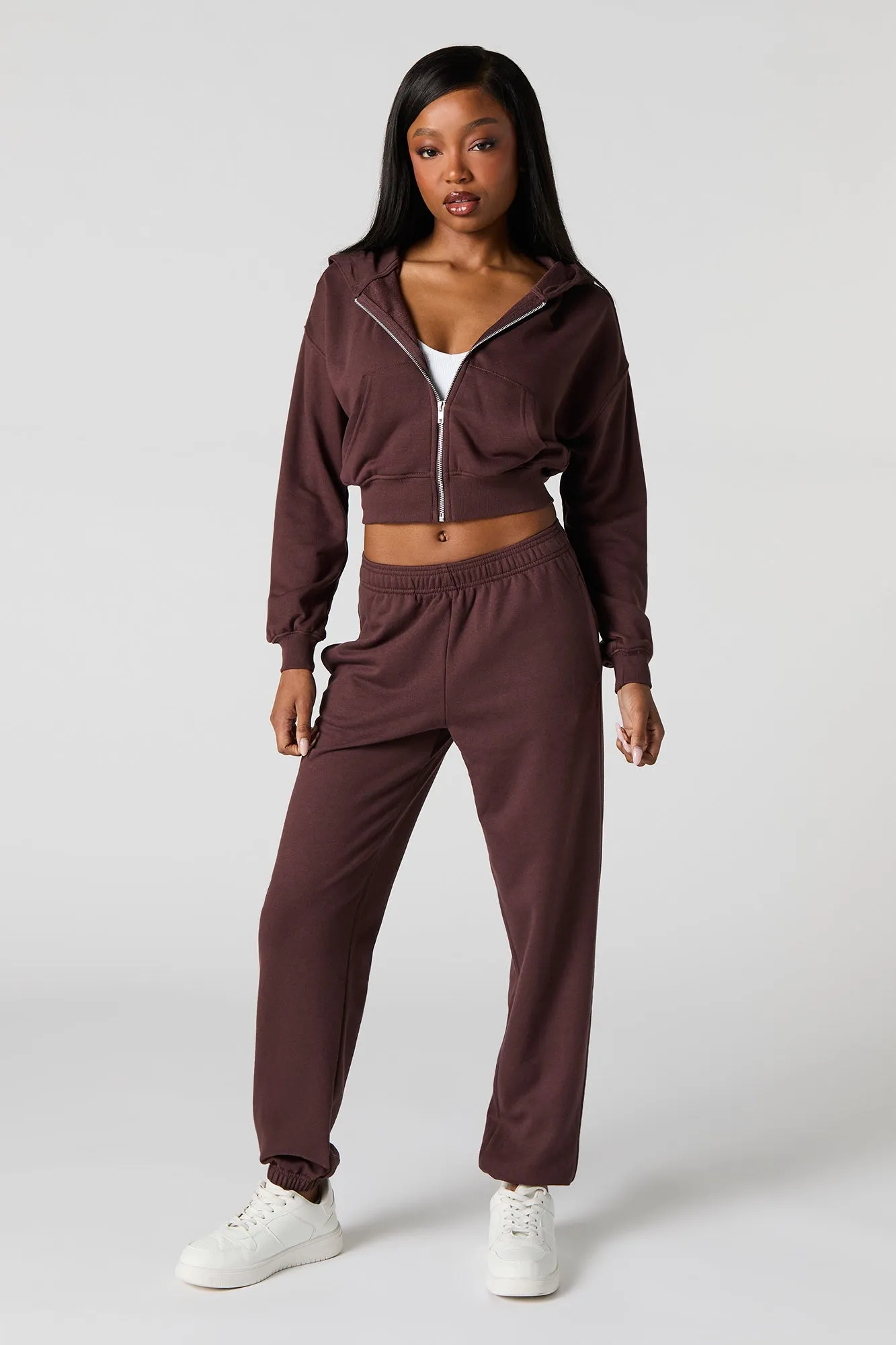 Solid Fleece Zip-Up Cropped Hoodie
