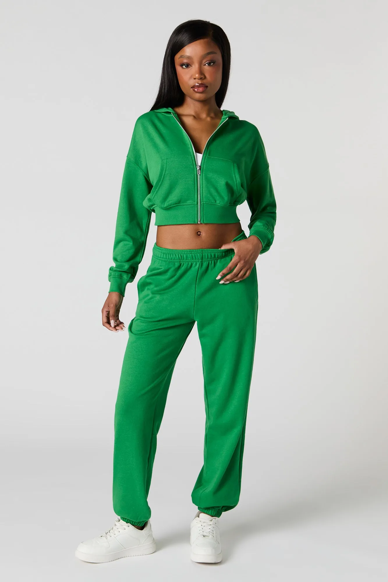 Solid Fleece Zip-Up Cropped Hoodie