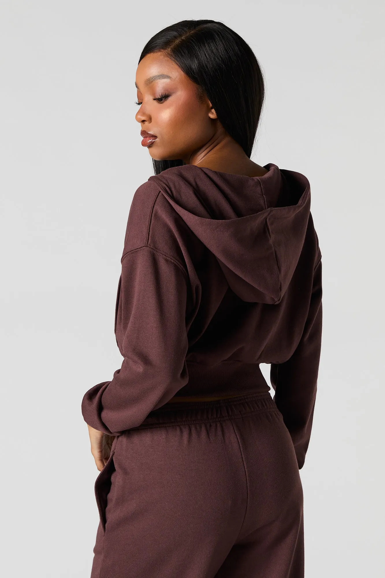 Solid Fleece Zip-Up Cropped Hoodie
