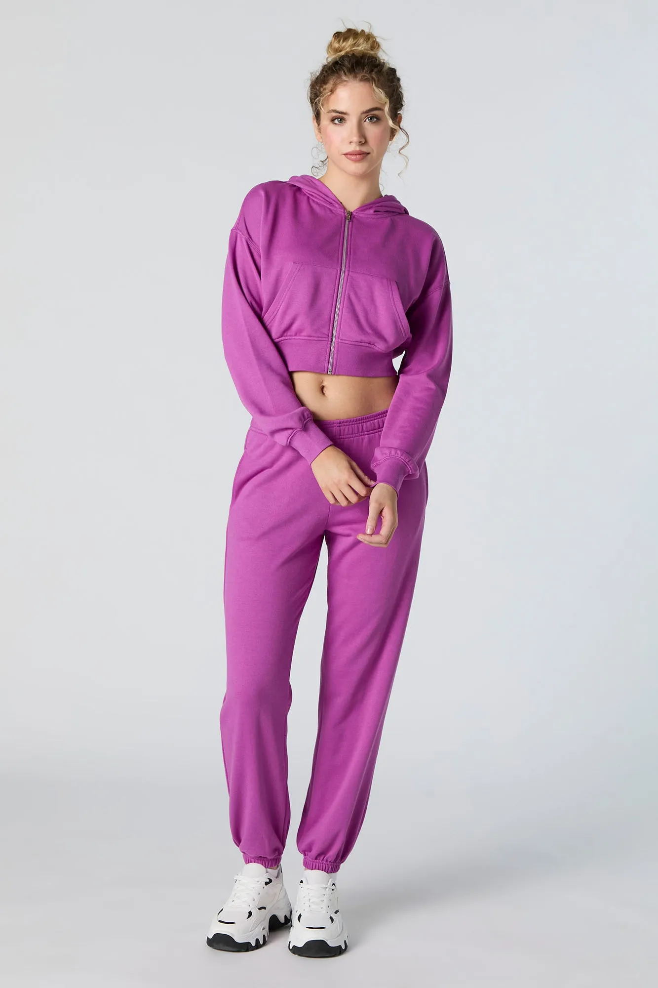 Solid Fleece Zip-Up Cropped Hoodie