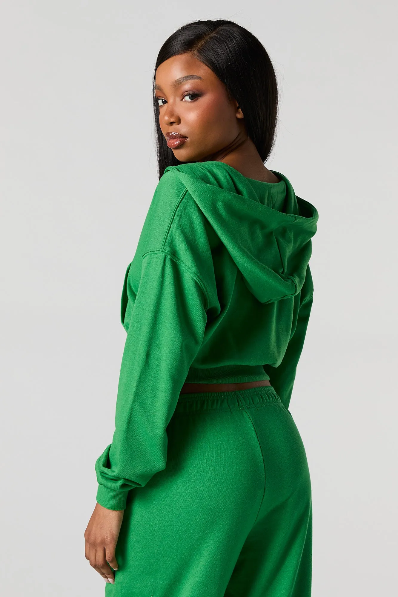 Solid Fleece Zip-Up Cropped Hoodie