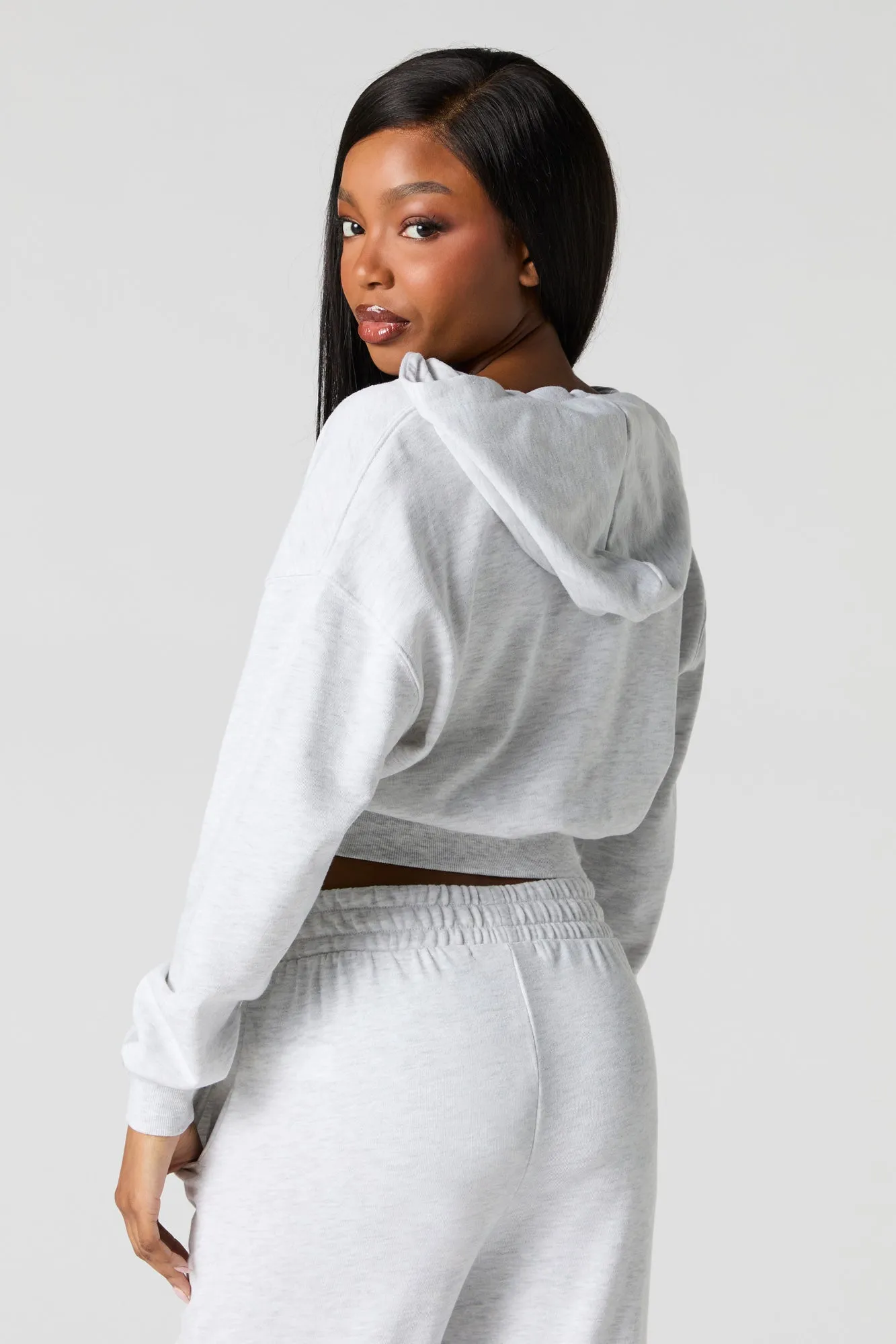 Solid Fleece Zip-Up Cropped Hoodie