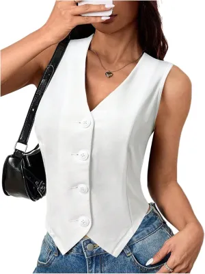 SOLY HUX Women's Blazer Vest Button Front V Neck Sleeveless Asymmetrical Hem Tank Tops
