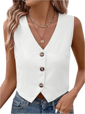SOLY HUX Women's Button Down Sleeveless Vest V Neck Crop Tank Tops Business Work Waistcoat