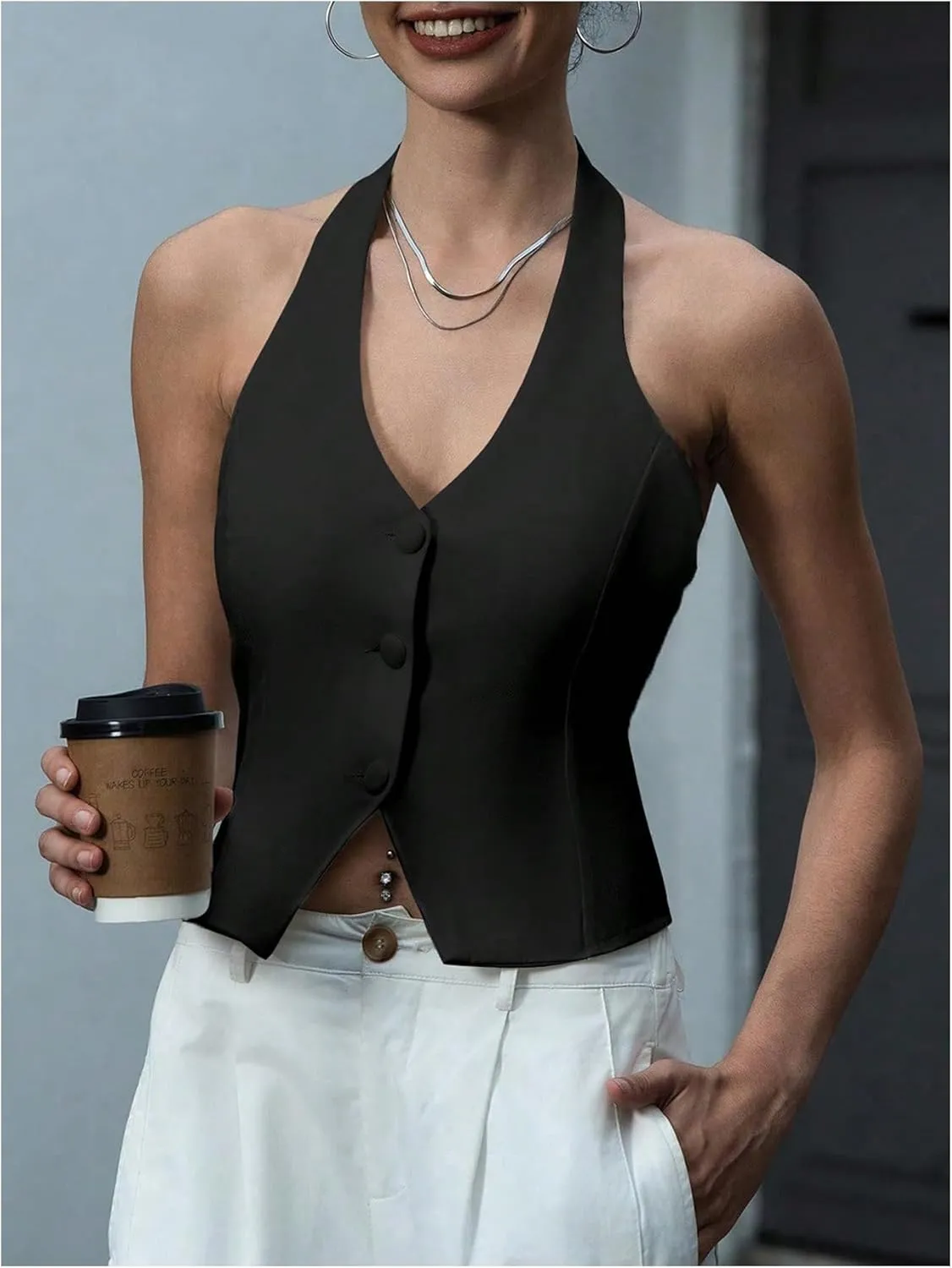 SOLY HUX Women's Button Down Suit Vest Halter V Neck Backless Waistcoat Sleeveless Tank Tops