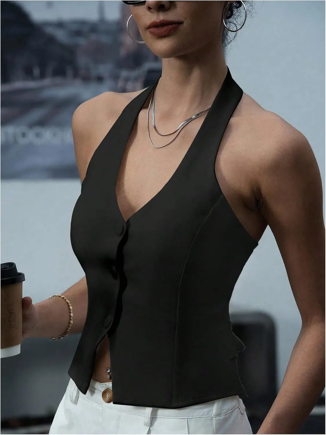SOLY HUX Women's Button Down Suit Vest Halter V Neck Backless Waistcoat Sleeveless Tank Tops