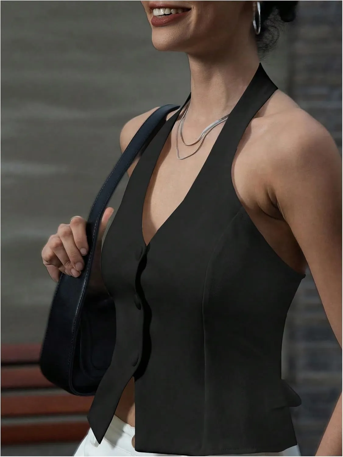 SOLY HUX Women's Button Down Suit Vest Halter V Neck Backless Waistcoat Sleeveless Tank Tops