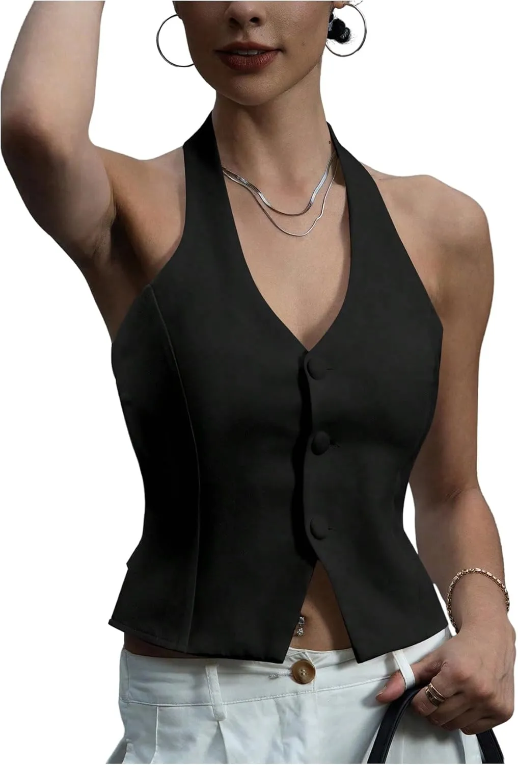 SOLY HUX Women's Button Down Suit Vest Halter V Neck Backless Waistcoat Sleeveless Tank Tops