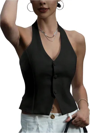 SOLY HUX Women's Button Down Suit Vest Halter V Neck Backless Waistcoat Sleeveless Tank Tops