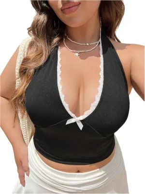 SOLY HUX Women's Plus Size Sexy Halter Deep V Neck Tank Top Backless Sleeveless Slim Fitted Going Out Crop Tops