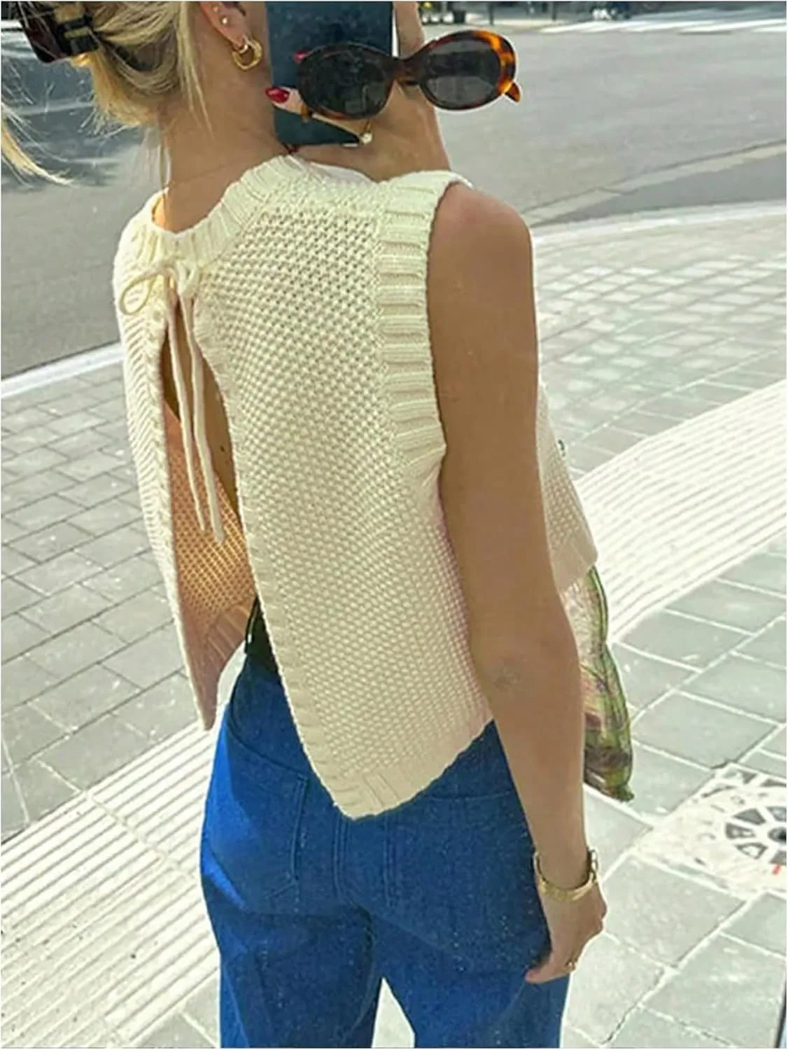 SOLY HUX Women's Tie Open Back Sweater Vest Crew Neck Sleeveless Backless Knit Tank Tops