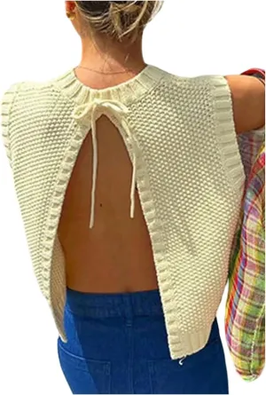 SOLY HUX Women's Tie Open Back Sweater Vest Crew Neck Sleeveless Backless Knit Tank Tops
