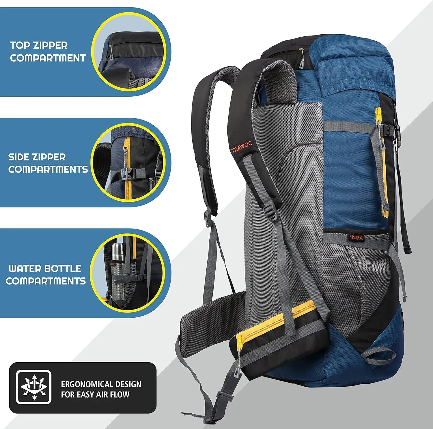 SPARCO 65L Travel Backpack Hiking Trekking Camping Rucksack for Men &Women, Rain Cover Shoe Compartment,English Blue