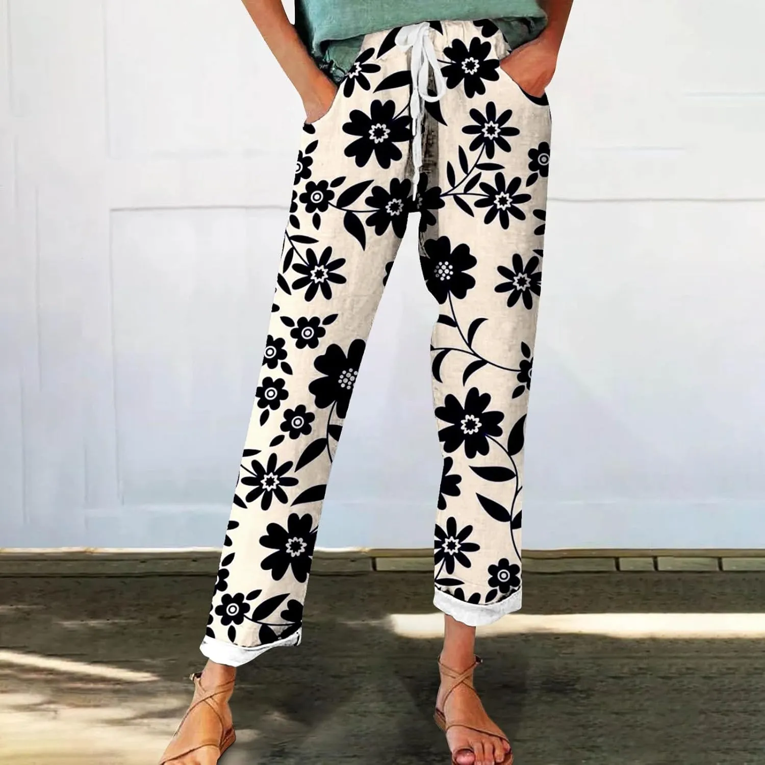 Straight Linen Pants Summer Capris for Women Plus Size Petite Cotton Wide Leg Linen Yoga Pants