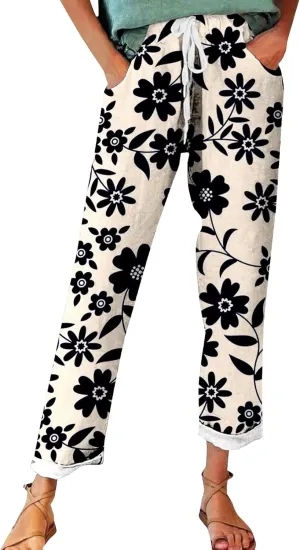 Straight Linen Pants Summer Capris for Women Plus Size Petite Cotton Wide Leg Linen Yoga Pants
